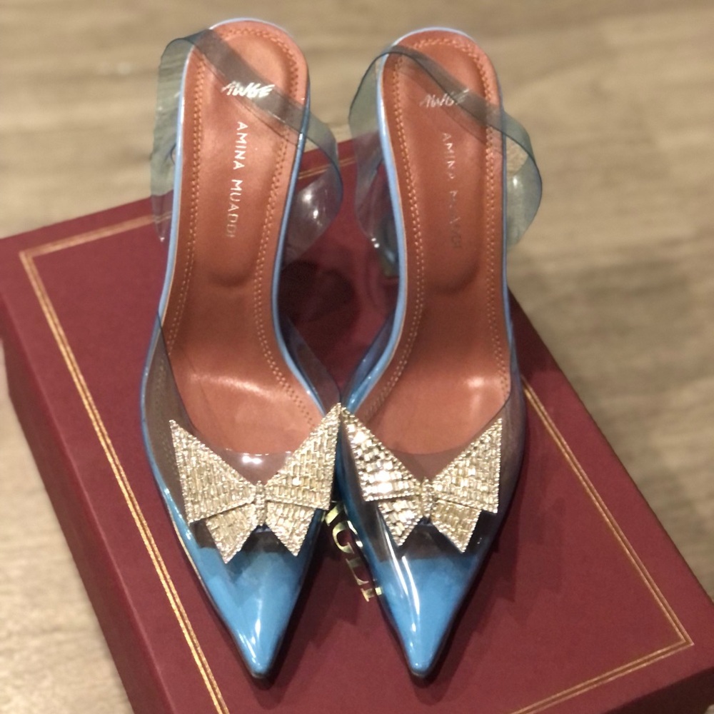 Amina Muaddi Blue PVC Pointed Slingbacks with Crystal Bow Sz 37